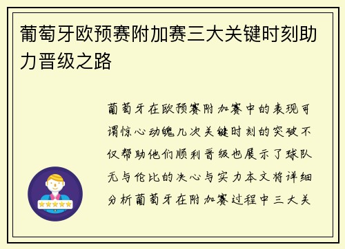 葡萄牙欧预赛附加赛三大关键时刻助力晋级之路 葡萄牙欧预赛附加赛三大关键时刻助力晋级之路