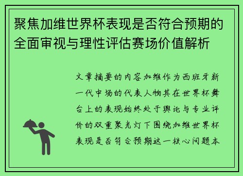 聚焦加维世界杯表现是否符合预期的全面审视与理性评估赛场价值解析